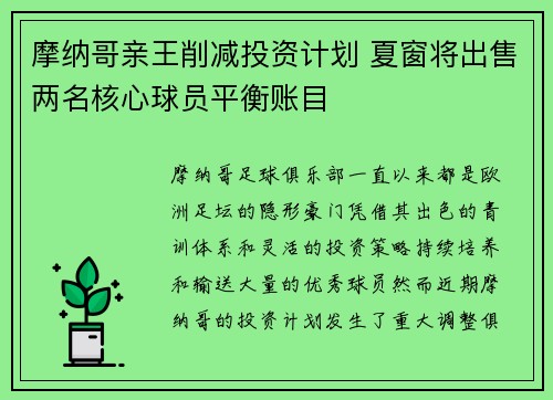 摩纳哥亲王削减投资计划 夏窗将出售两名核心球员平衡账目